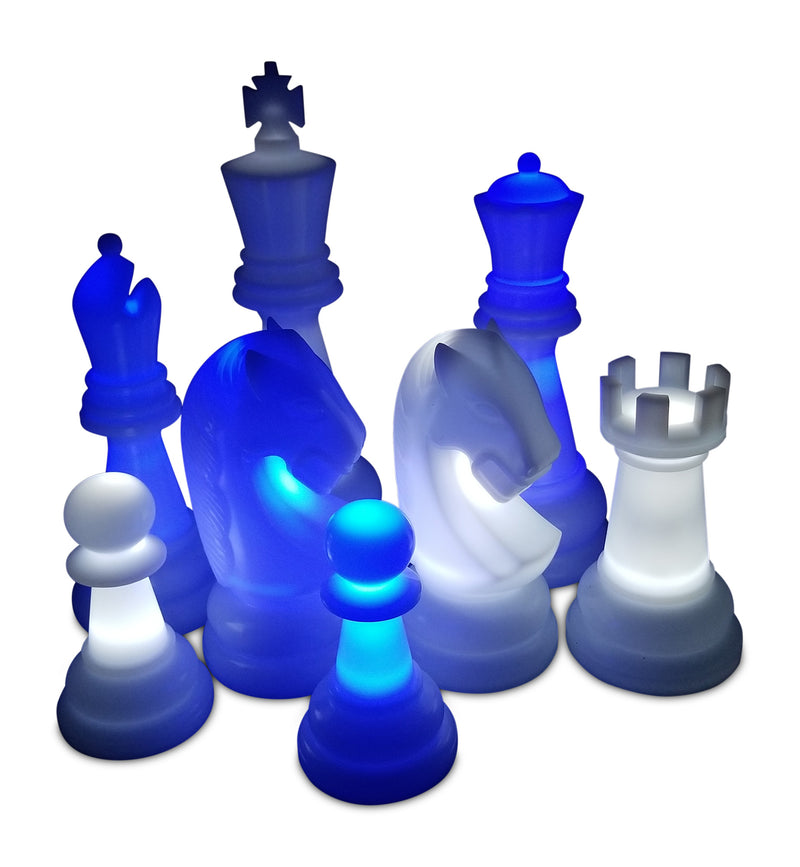 MegaChess 48 Inch Perfect Light-Up Giant Chess Set with Day Time Pieces | Blue/White/Black | GiantChessUSA